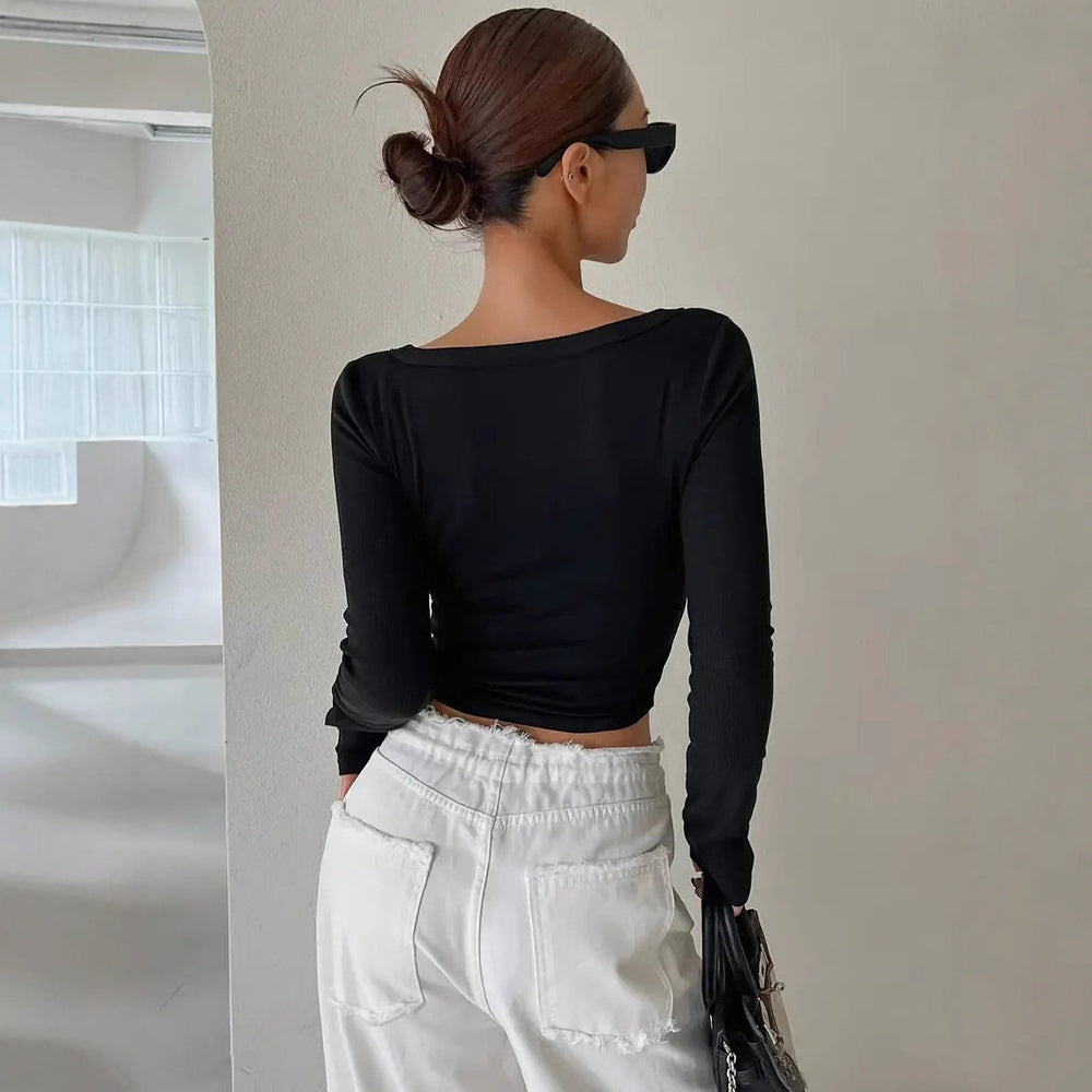 Damen figurbetontes langärmeliges Shirt mit V-Ausschnitt und Knopfleiste R&B