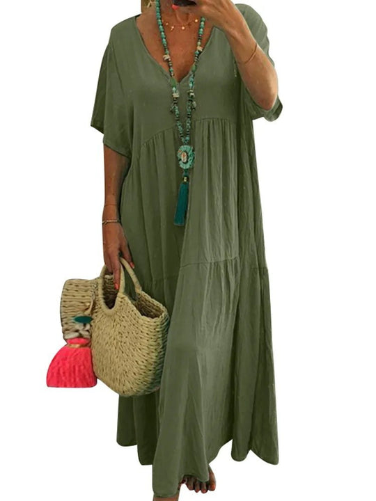 Damen luftiges Boho-Maxikleid mit schwingendem Saum und tiefem V-Ausschnitt R&B
