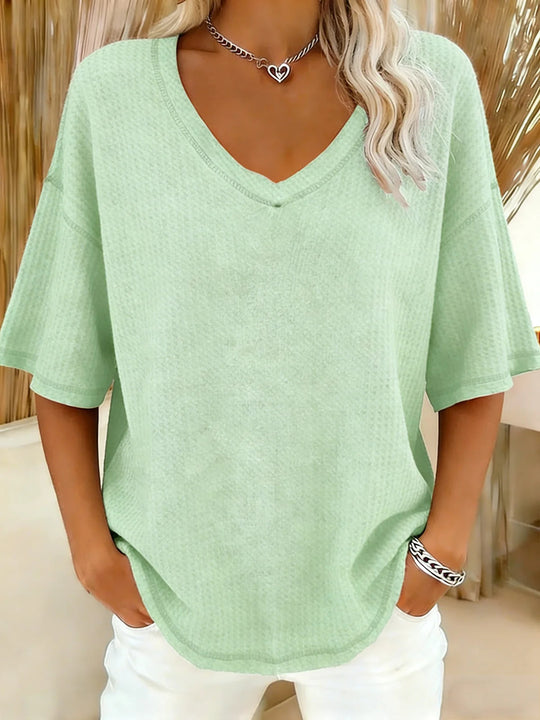 Damen lässiges Oversize-Shirt mit V-Ausschnitt und strukturiertem Muster R&B