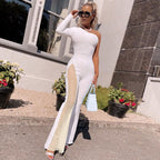Damen figurbetontes Jumpsuit mit asymmetrischem Ausschnitt und netzseitigen Einsätzen R&B