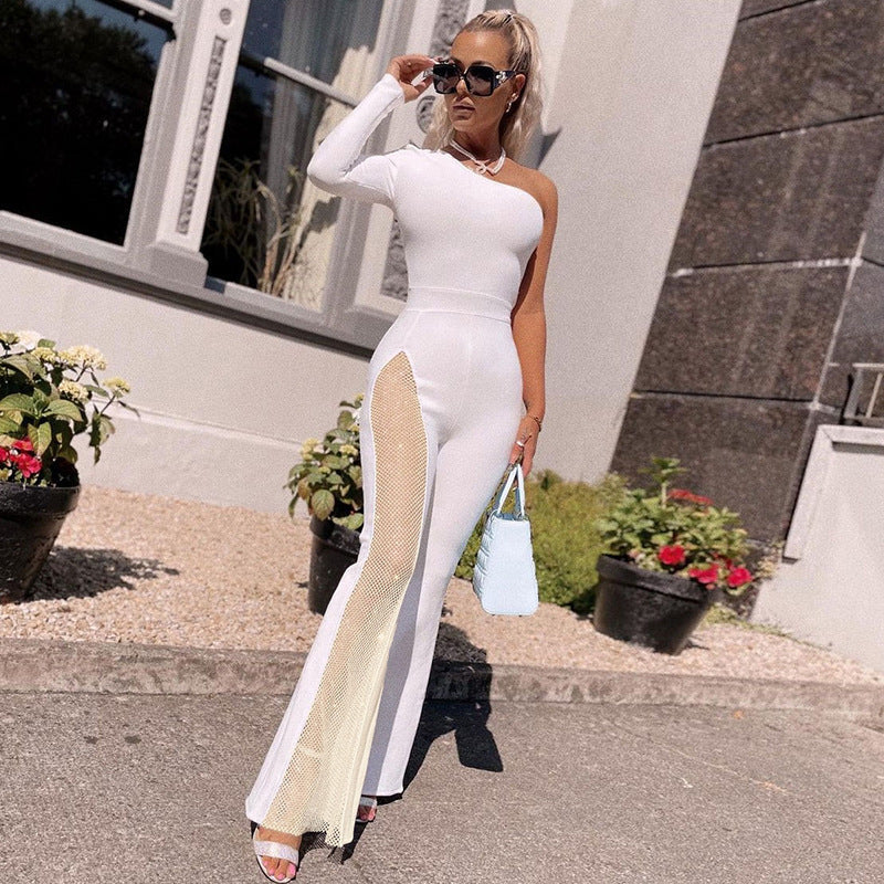 Damen figurbetontes Jumpsuit mit asymmetrischem Ausschnitt und netzseitigen Einsätzen R&B