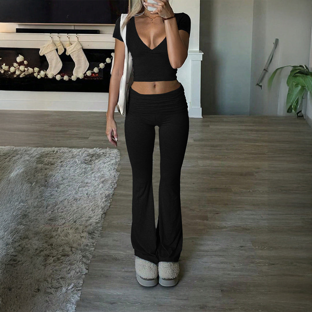 Damen Lässiges Zweiteiliges Lounge-Set mit cropped Oberteil und Bootcut-Hosen R&B