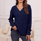 Damen Strickpullover mit V-Ausschnitt und dekorativen Knopfdetails