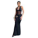 Damen Maxikleid mit durchscheinendem Oberteil und dekorativem Gürtel R&B