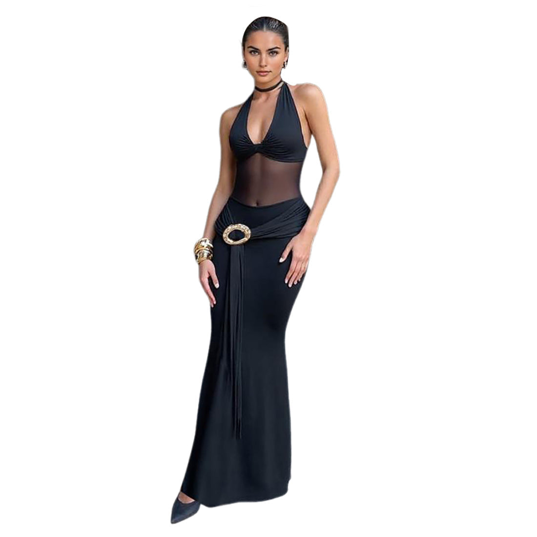 Damen Maxikleid mit durchscheinendem Oberteil und dekorativem Gürtel R&B