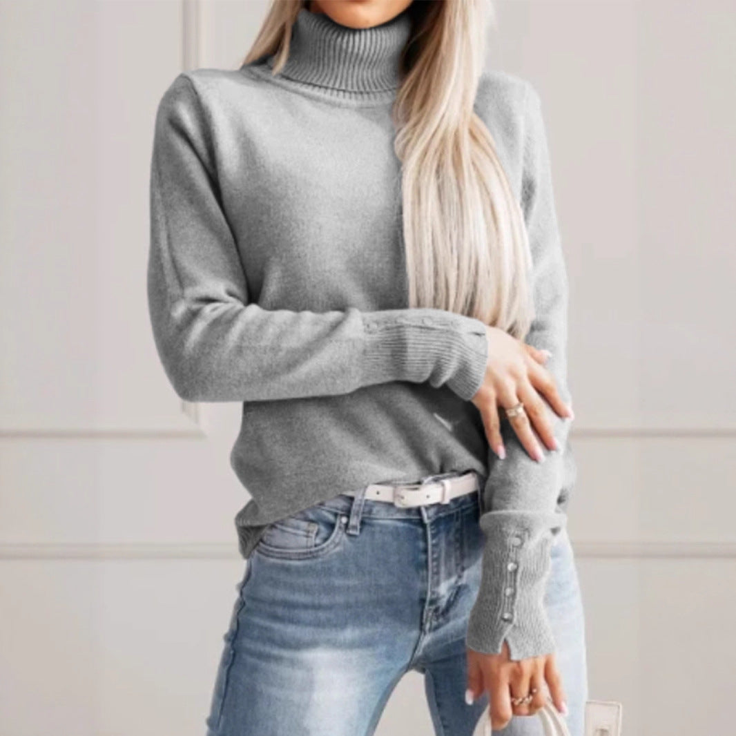 Damen eleganter Rollkragenpullover mit Knopfdetails R&B
