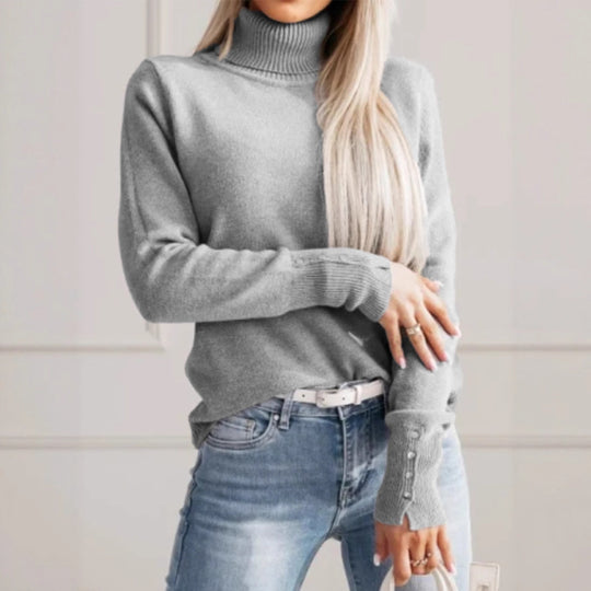Damen eleganter Rollkragenpullover mit Knopfdetails R&B