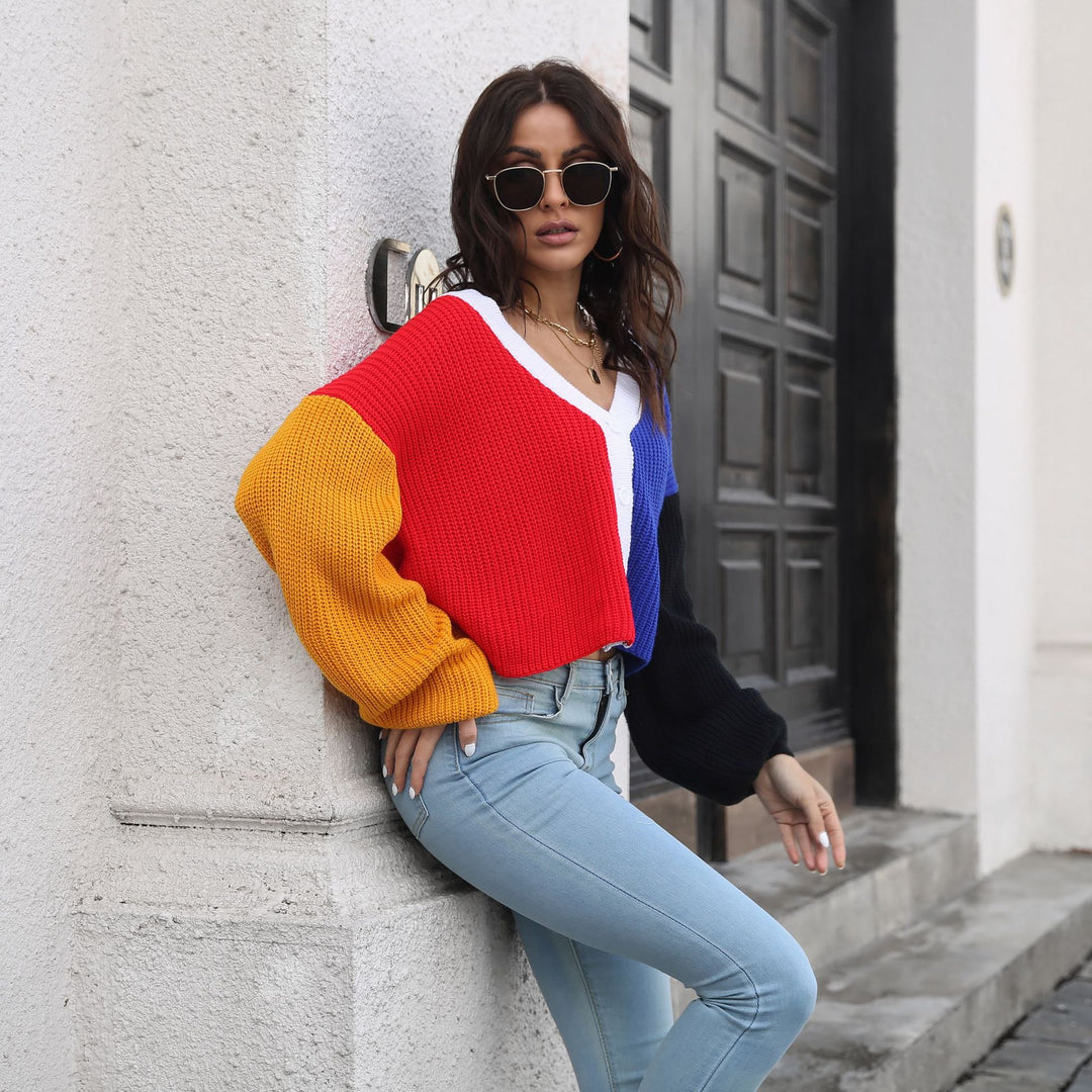Damen Großer Strickpullover mit Farbblock-Design R&B