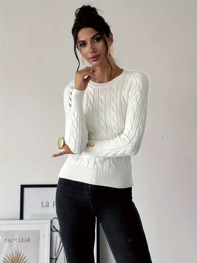 Damen Grobstrick Pullover mit dekorativen Knopfdetails R&B
