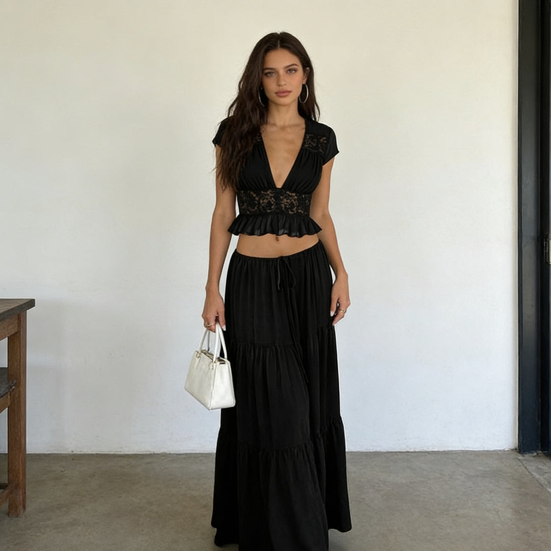Damen Lässiges Maxi-Kleid mit eleganter Raffung und cropped Top R&B