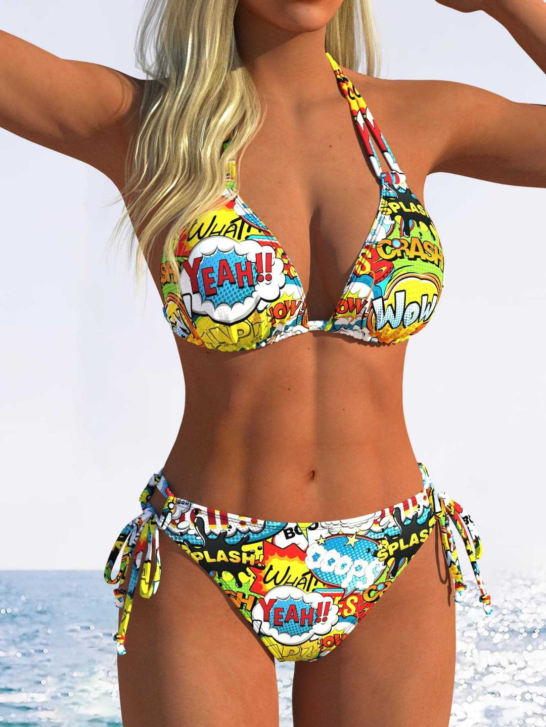 Damen Triangel-Bikini mit verstellbaren Bindebändern und modischem Wellenmuster R&B