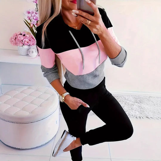 Damen modischer Freizeitpullover mit Kapuze und Farbblockdesign R&B