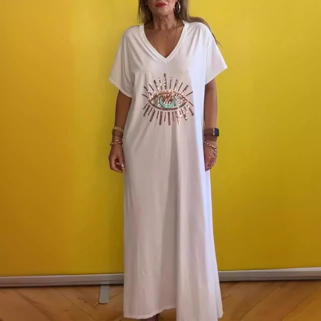 Damen strandliches Maxikleid mit funkelndem Augendesign R&B