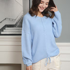 Damen Grobstrick Pullover mit attraktivem V-Ausschnitt und praktischen Kordeldetails