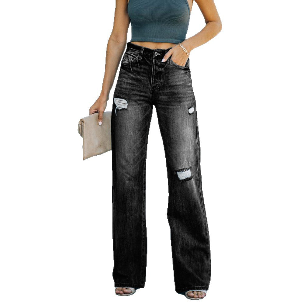 Damen High-Waist Schluchzen Jeans mit weitem Beinum R&B