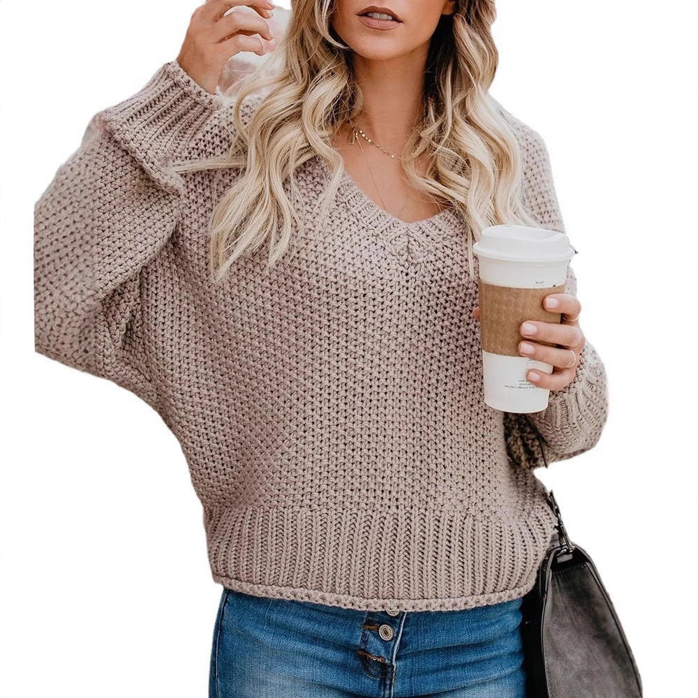 Damen Grobstrickpullover mit V-Ausschnitt und lässiger Passform R&B