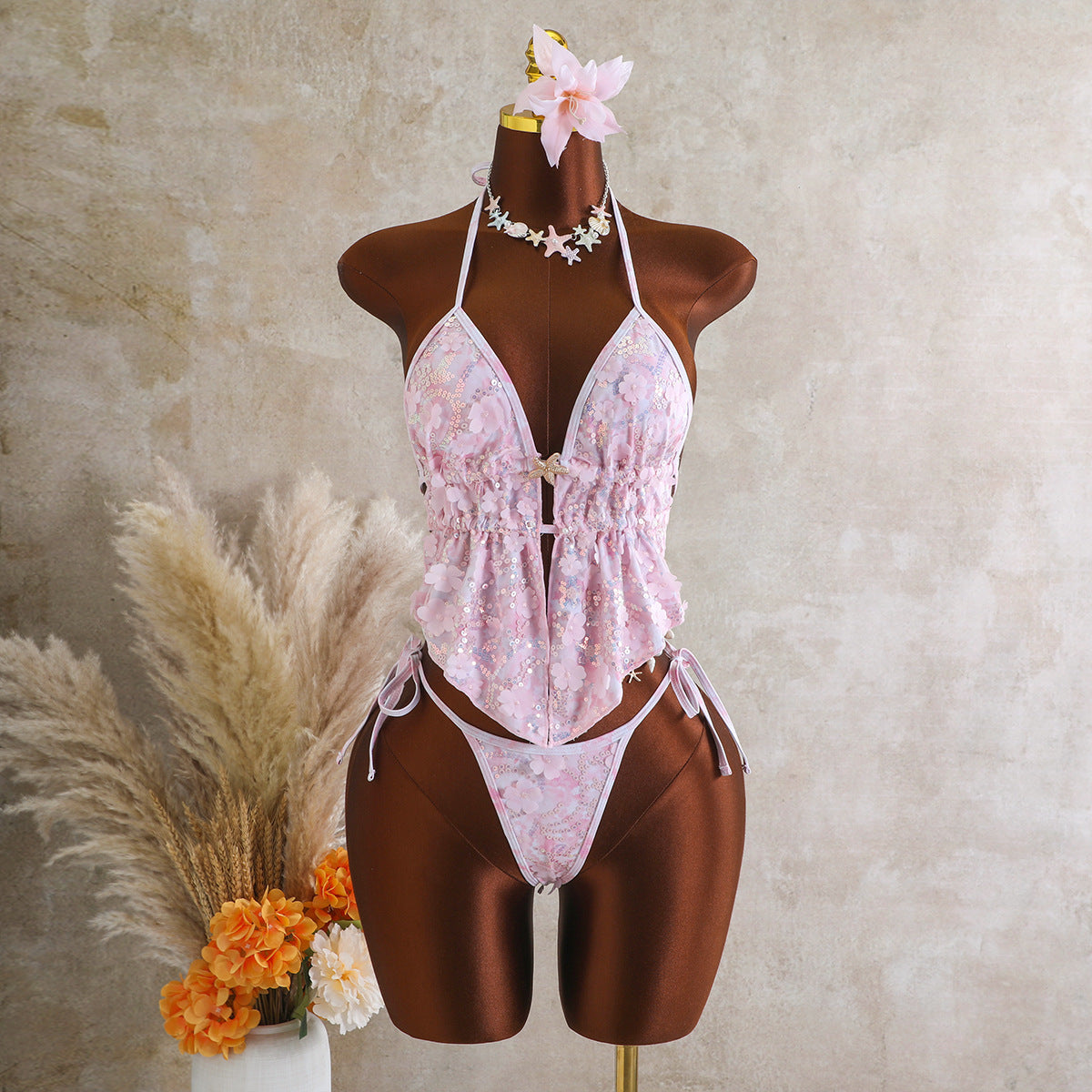 Damen Fließendes Strandtop mit floralem Design und transparentem Overlayer R&B