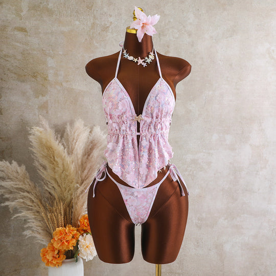 Damen Fließendes Strandtop mit floralem Design und transparentem Overlayer R&B
