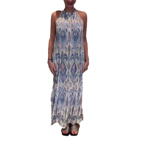 Damen nan fließendes Maxikleid mit Halterkragen, ornamentalem Ikat‑Print und weitem Fall R&B