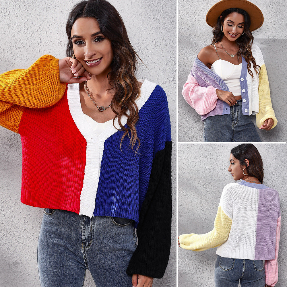 Damen Moderner Strickcardigan mit bunten Blockstreifen und V-Ausschnitt R&B
