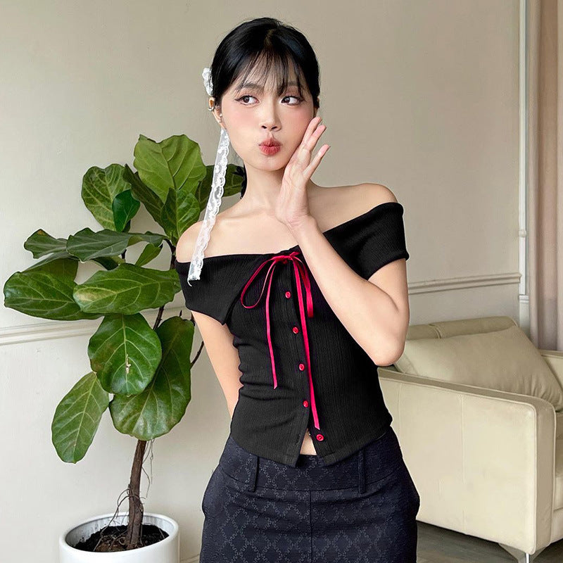 Damen Off-Shoulder Bluse mit Kontrastknöpfen und Taillenband R&B