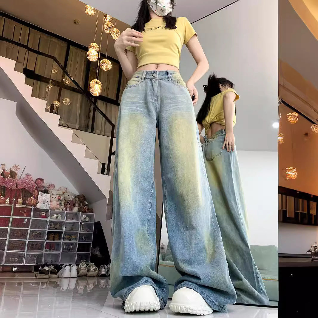 Damen weite High-Waist Jeans im lässigen Stil mit individuellen Waschungen R&B