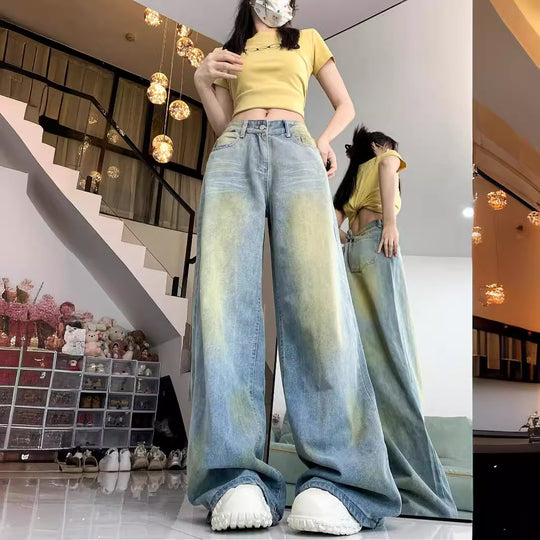Damen weite High-Waist Jeans im lässigen Stil mit individuellen Waschungen R&B