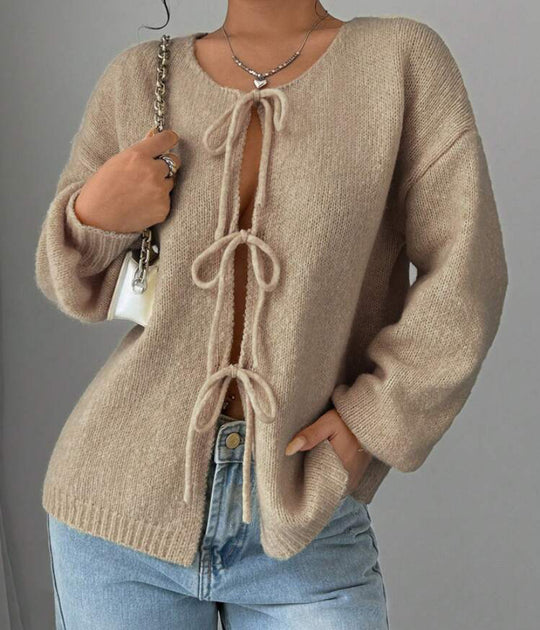 Damen Oversized Strickpullover mit dekorativem Schnürdetail R&B