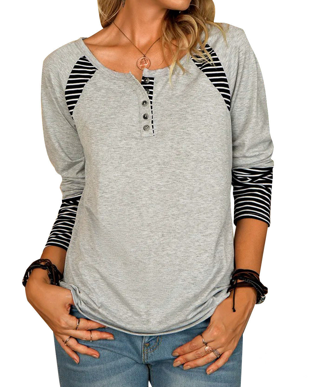 Damen lässiges Langarmshirt mit gestreiften Farbblockdetails und Knopfverschluss