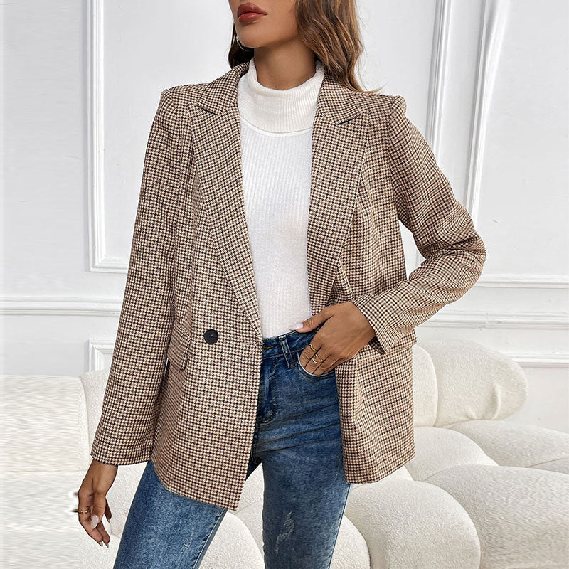 Damen kariertes Oversized Blazerjackett mit doppelter Knopfleiste R&B
