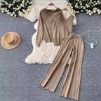 Damen modisches Strick-Loungewear-Set mit V-Ausschnitt und Kapuze R&B