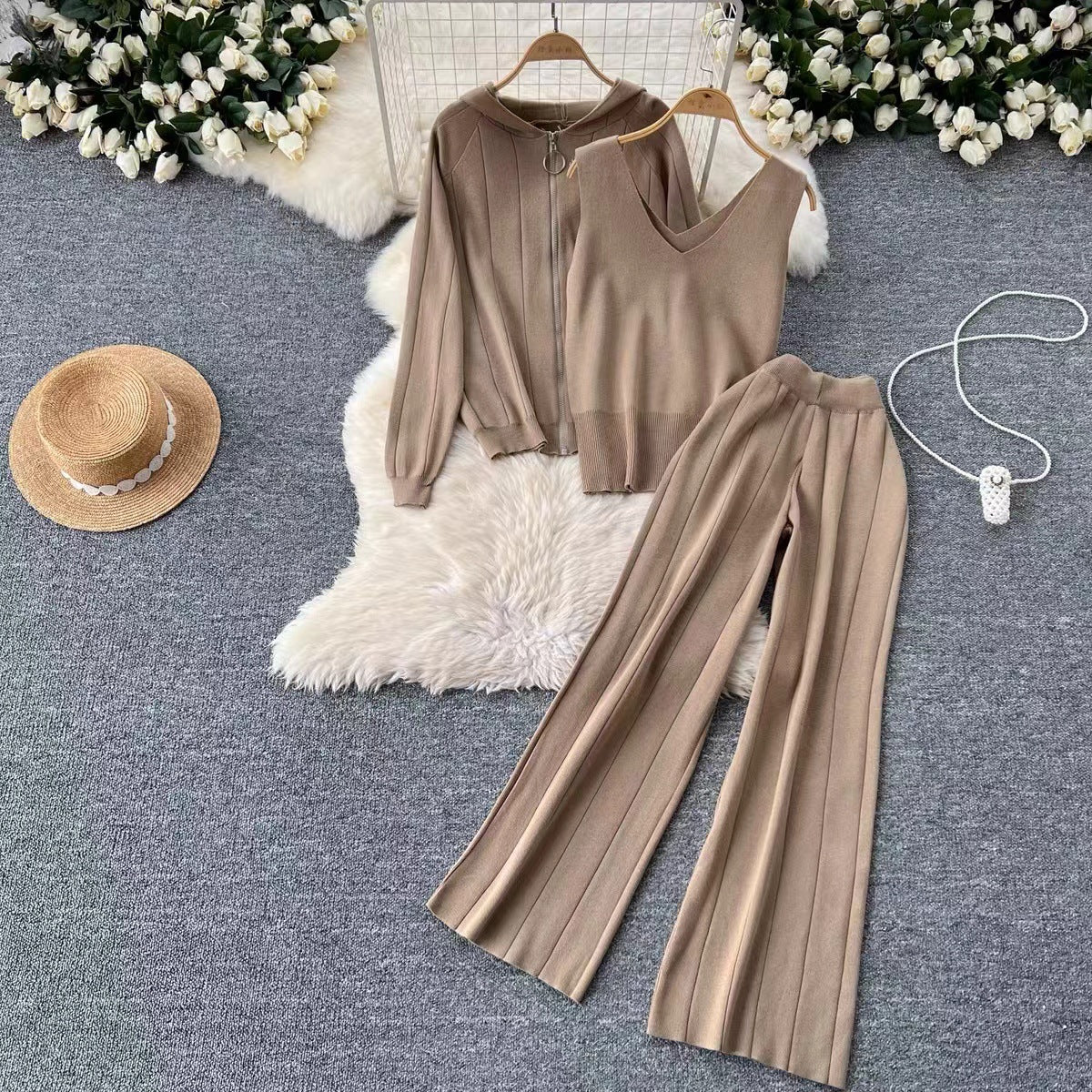 Damen modisches Strick-Loungewear-Set mit V-Ausschnitt und Kapuze R&B