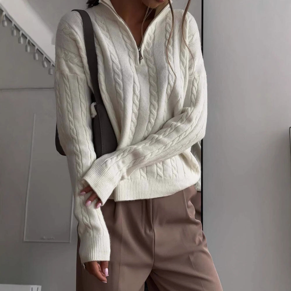 Damen Strickpullover mit modernem Zipper und Rippstrickdetails R&B
