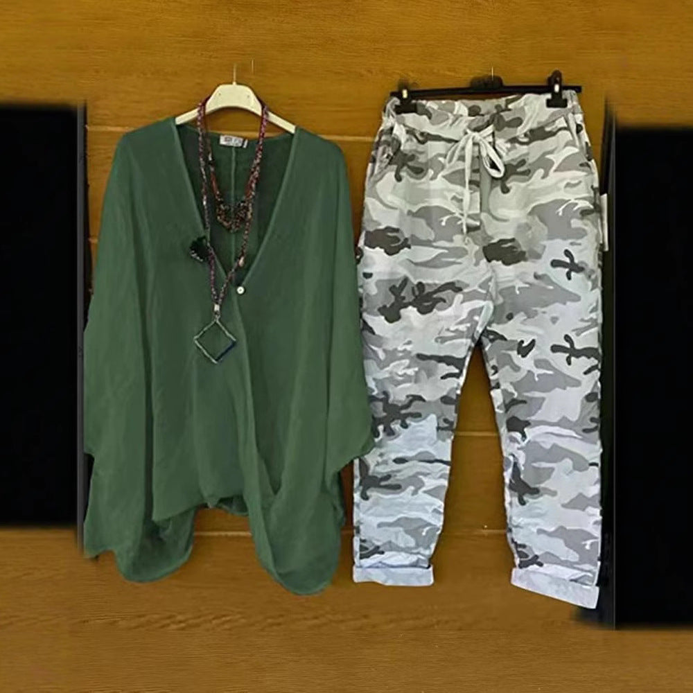 Damen nan Zweiteiler aus fließendem Kimono-Top und Camouflage-Jogginghose R&B