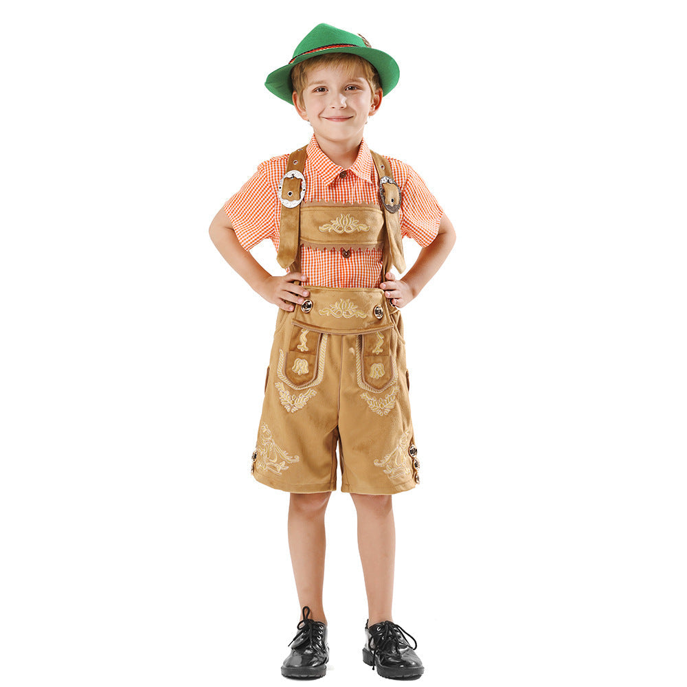 Unisex nan traditionelles Kinder Trachten-Set Lederhose mit Stickerei und kariertem Hemd R&B