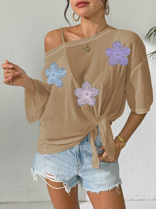 Damen lässiges Oberteil mit floralem Design und seitlichem Knoten R&B