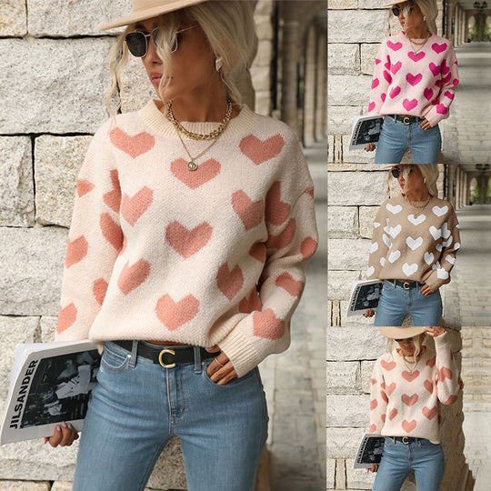 Damen Strickpullover mit Herzmuster und lässigem Schnitt R&B