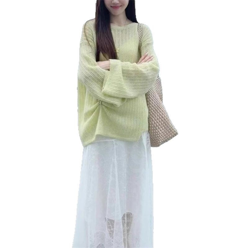 Damen Grobstrickpullover mit weitem Schnitt und modischen Ballonärmeln R&B