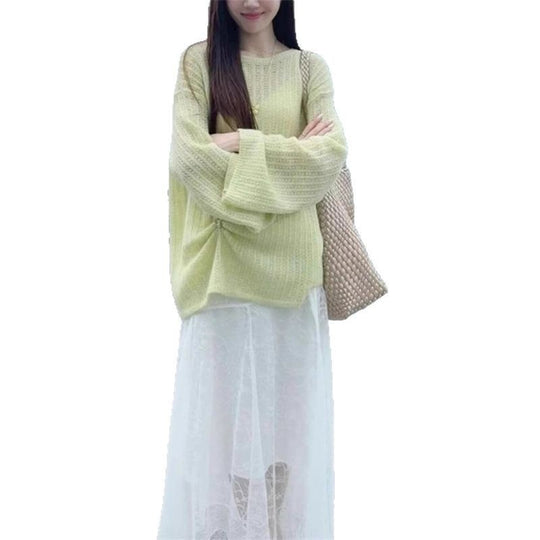 Damen Grobstrickpullover mit weitem Schnitt und modischen Ballonärmeln R&B