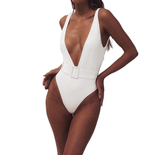 Damen Einteiliger Badeanzug mit glamourösem V-Ausschnitt und stylischer Gürteldetail R&B