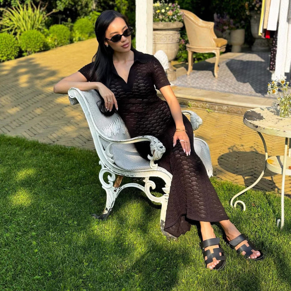 Damen Strickkleid mit raffiniertem Lochmuster und Polo-Kragen R&B