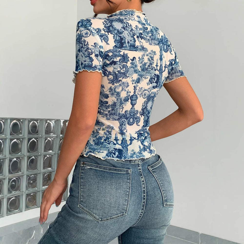 Damen Kurzes T-Shirt mit kreativem Druck und elegantem Stehkragen R&B