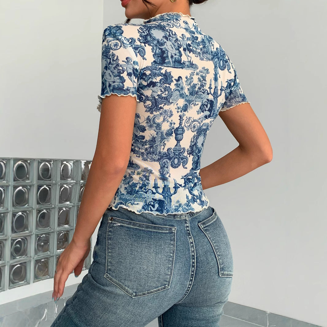 Damen Kurzes T-Shirt mit kreativem Druck und elegantem Stehkragen R&B