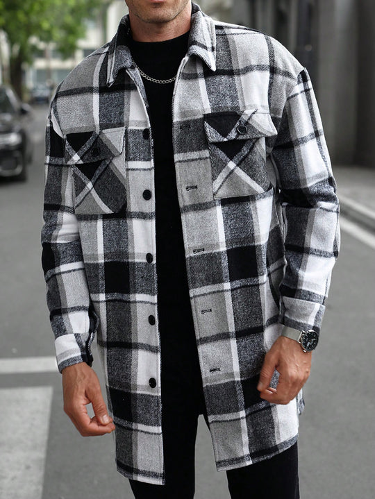 Herren nan kariertes Longline-Überhemd mit aufgesetzten Brusttaschen und Knopfleiste R&B