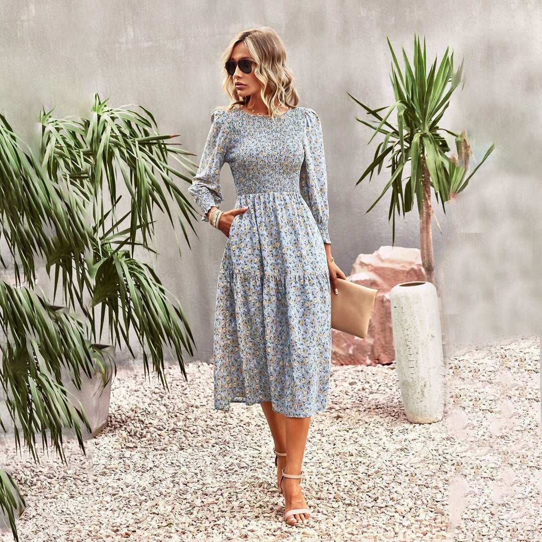 Damen Florales Midi-Kleid mit Geraffter Taille und Langen Ärmeln R&B