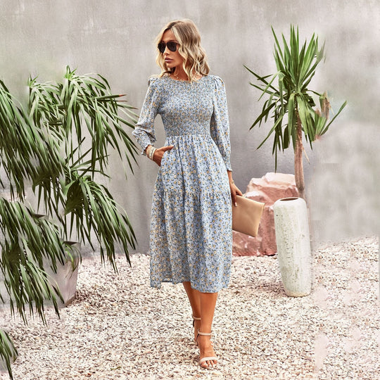Damen Florales Midi-Kleid mit Geraffter Taille und Langen Ärmeln R&B
