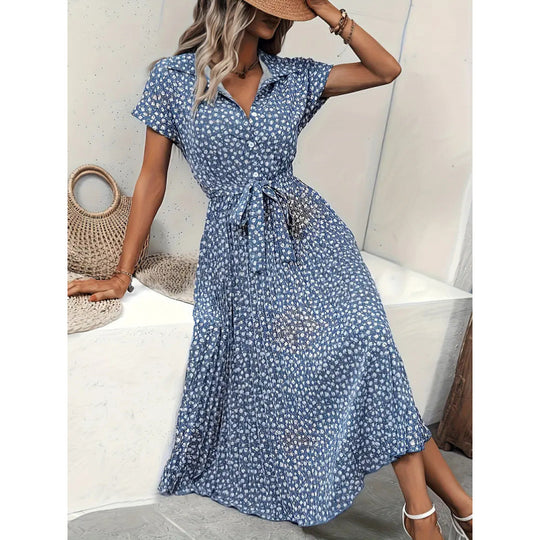 Damen Maxikleid mit knöpfbarem Kragen und Bindegürtel R&B