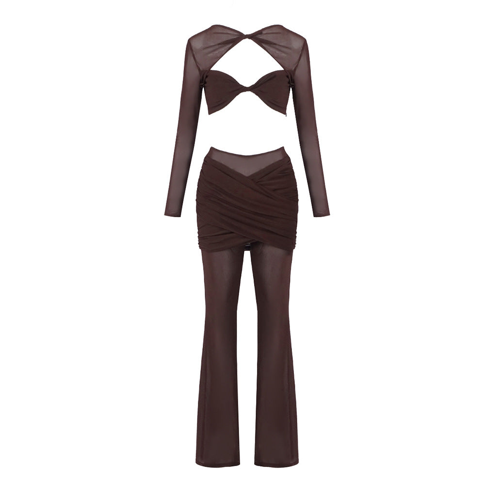 Damen Outfit-Set mit Langarmoberteil und stilvollem Wickelrock R&B