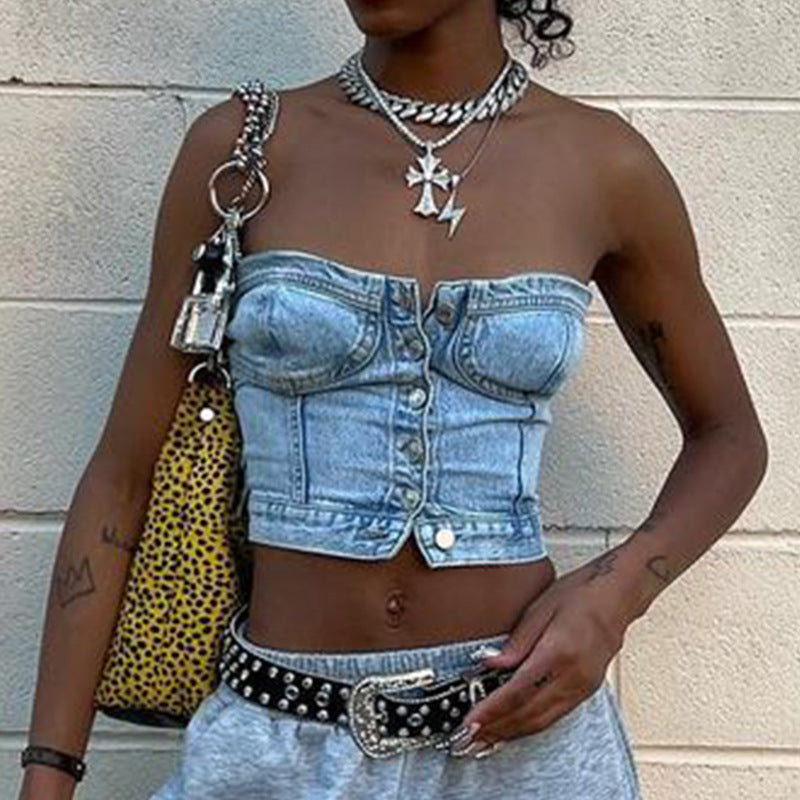 Damen Denim-Crop-Top mit gestricktem Überwurf R&B