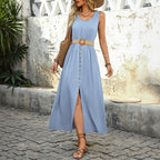 Damen Maxikleid mit Knopfdetails und seitlichem Schlitz R&B